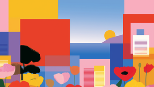 Colorful abstract landscape with geometric shapes and a sunset over the ocean. Vibrant flowers in the foreground enhance the lively scene.