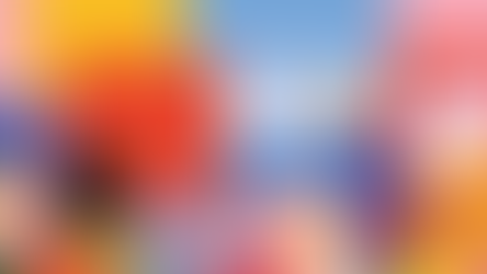 Colorful abstract landscape with geometric shapes and a sunset over the ocean. Vibrant flowers in the foreground enhance the lively scene.