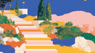 Colorful stairs ascend through vibrant plants under a blue sky and full moon, creating a serene and dreamy landscape.