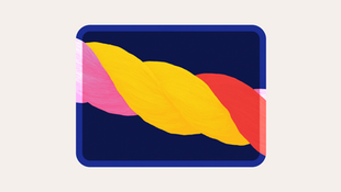 Abstract image with intertwining pink, yellow, and red strands on a dark blue background, framed by a blue border.