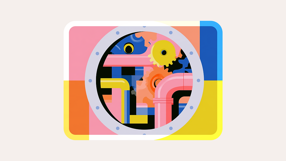 Colorful abstract illustration of pipes and gears inside a circular frame, in pink, blue, yellow, and orange with no text.