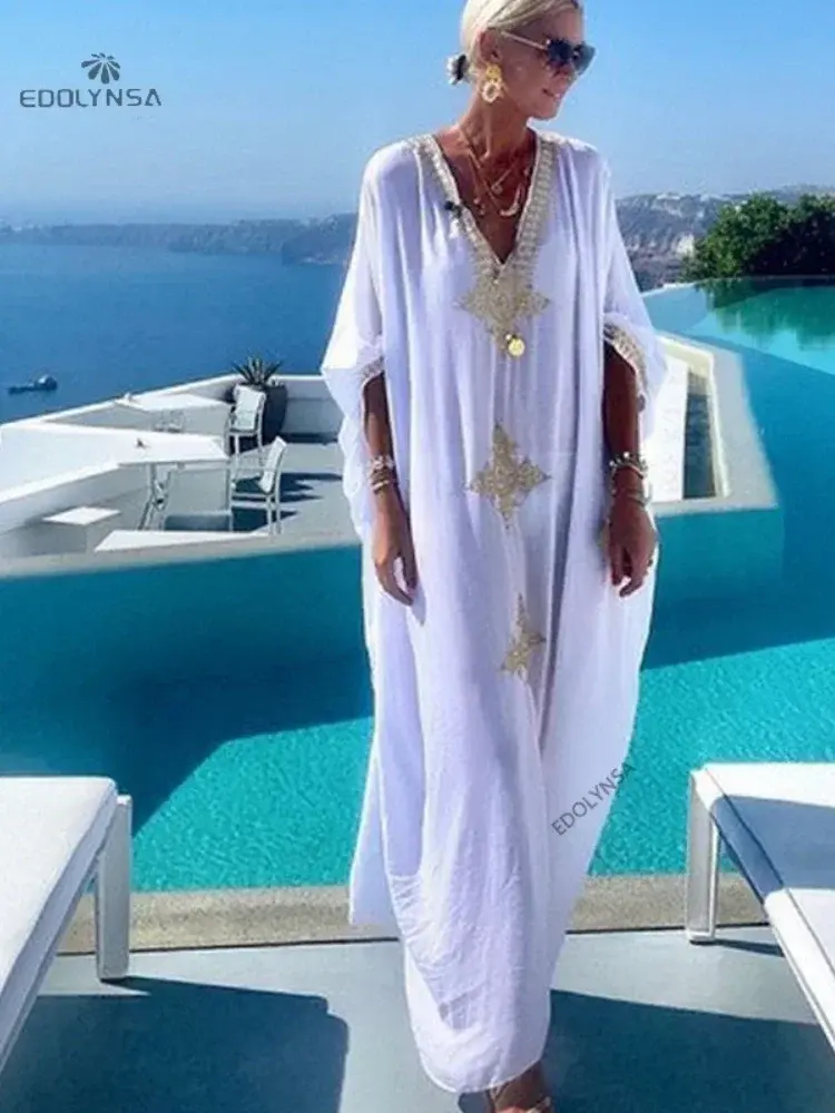 Thumbnail: Bikini Cover-Ups Boho Print Long Dress Self-Belted Sexy Beach Tunic