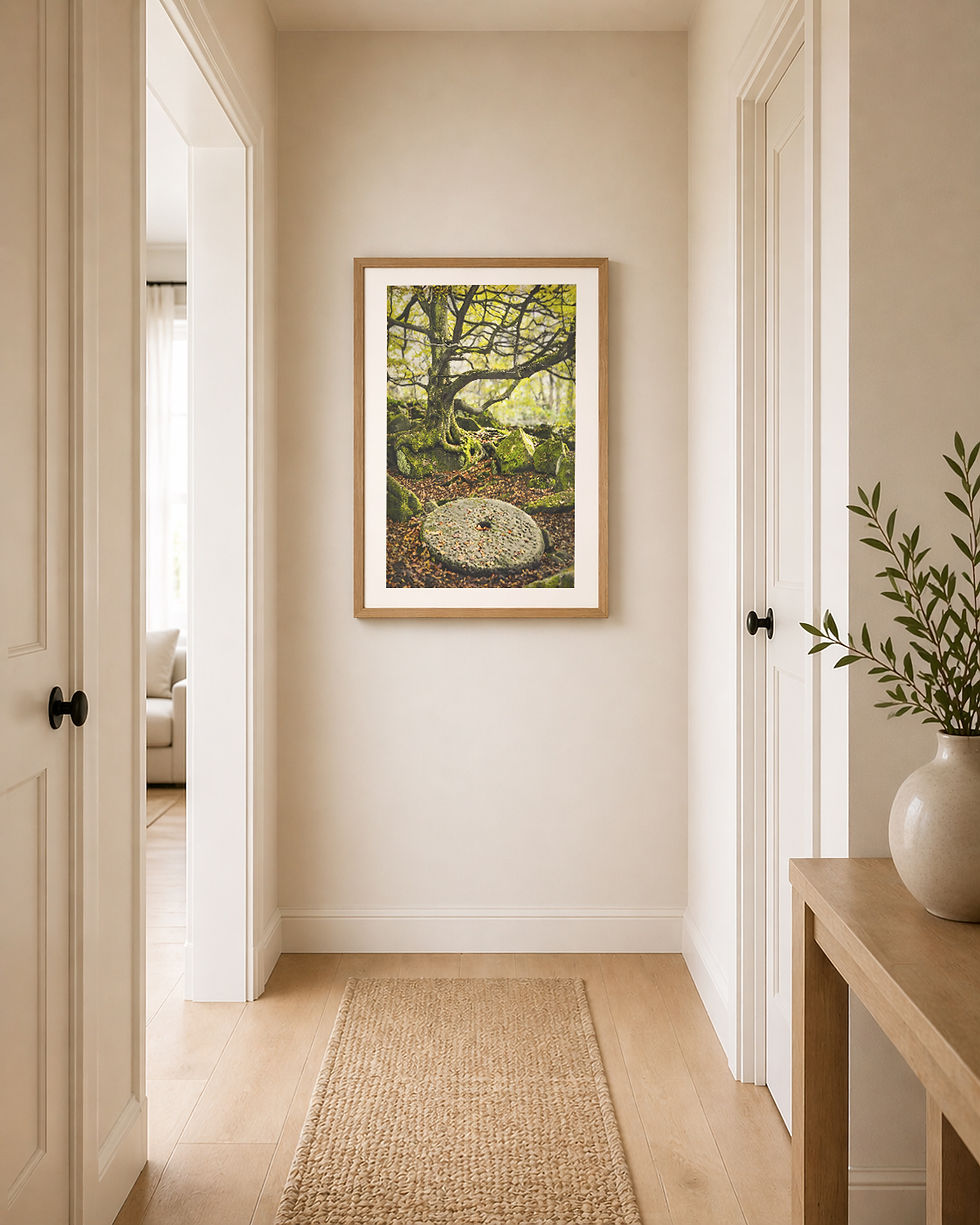 A landscape at the end of a hall creates a focal point and draws the eye in.