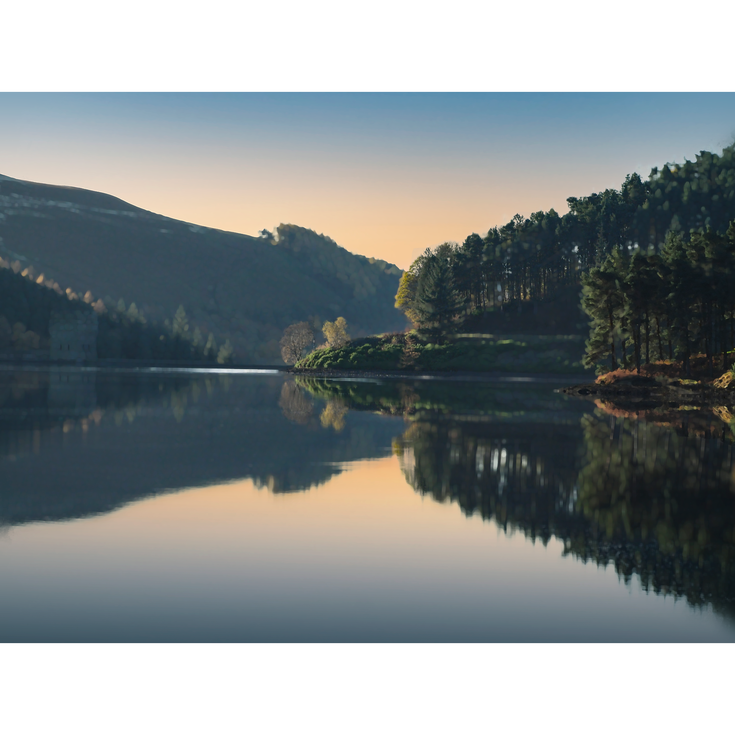 Howden Reservoir reflecting surrounding hills in dawn light