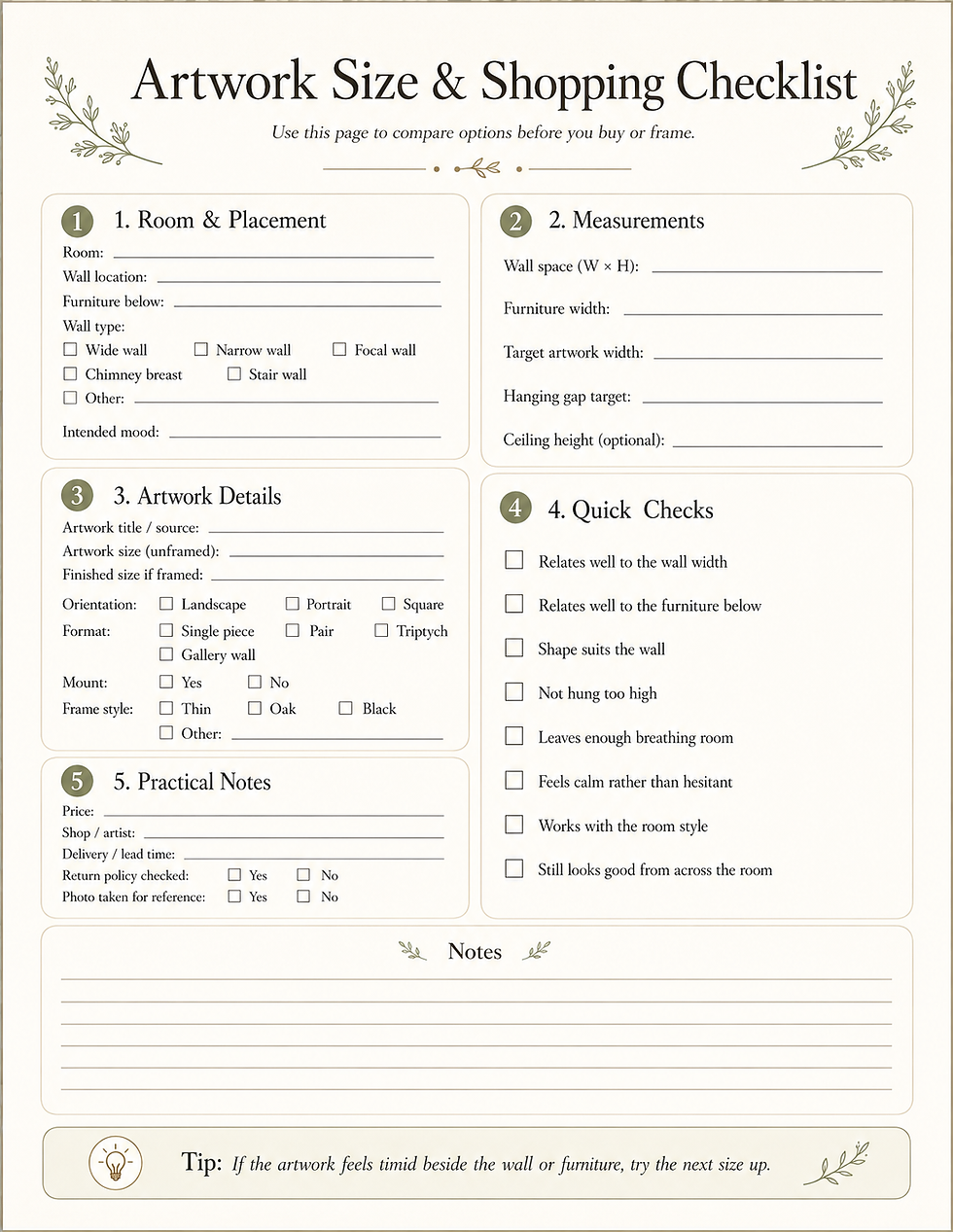 Shopping checklist for artwork size