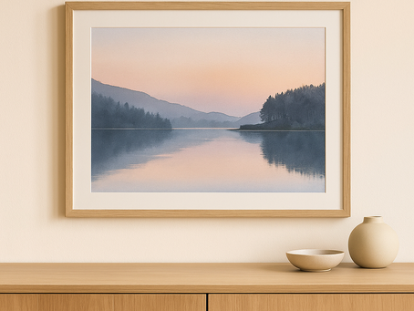 A calm painting shown above a console table