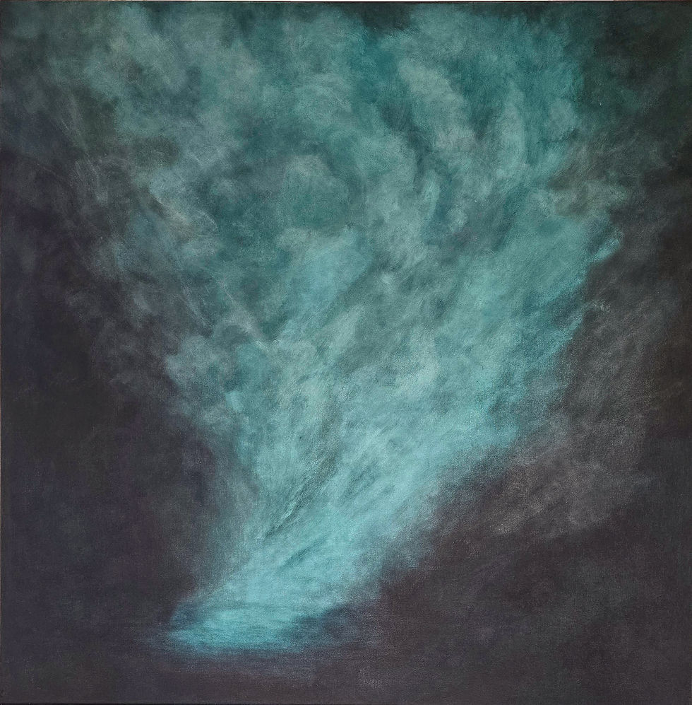 Teal/blue/charcoal atmospheric acrylic painting on canvas.