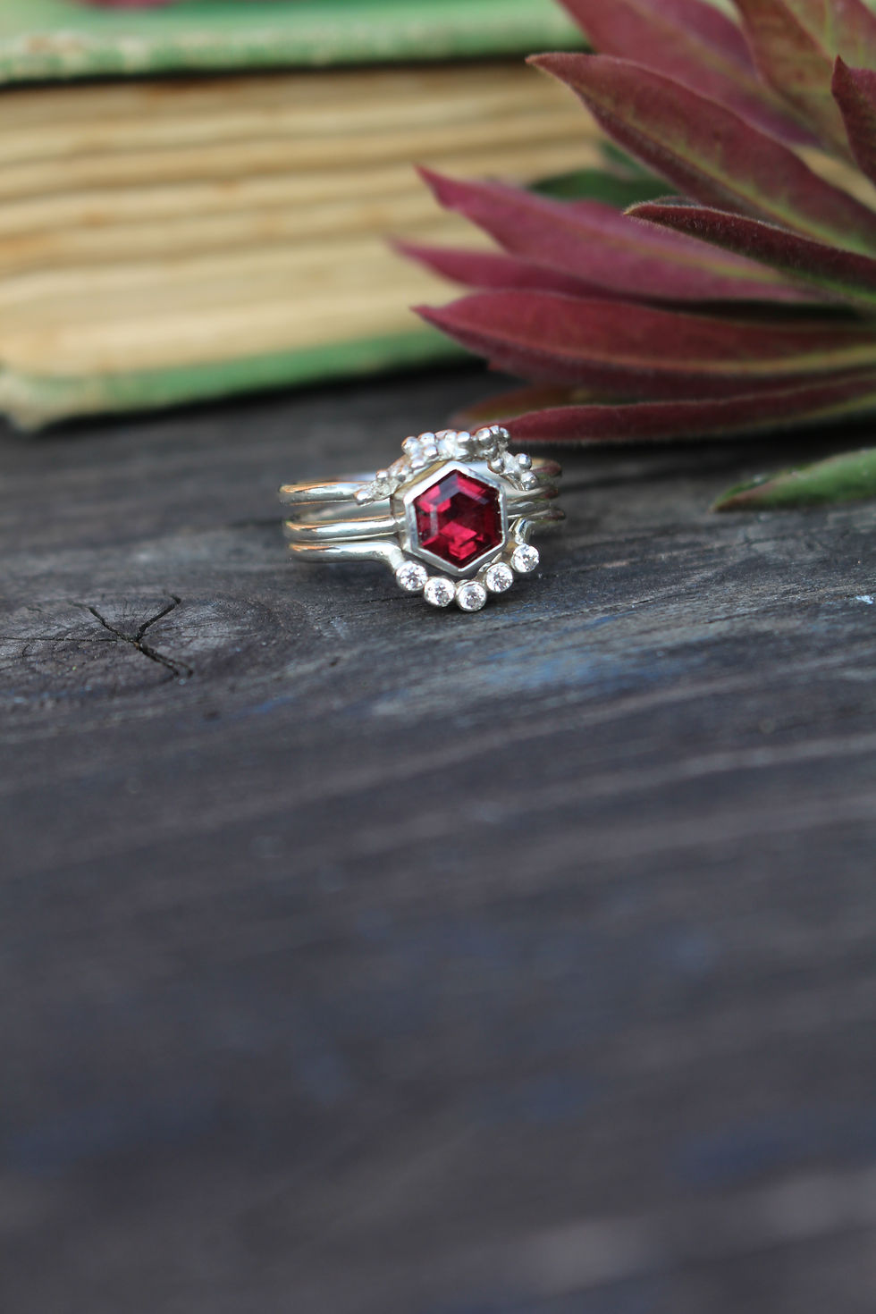 Thumbnail: Silver Hexagon Garnet Ring Set