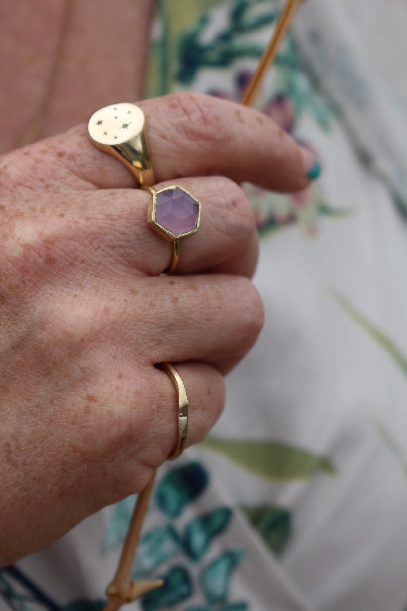 Gold Lavender Chalcedony Hexagon Ring