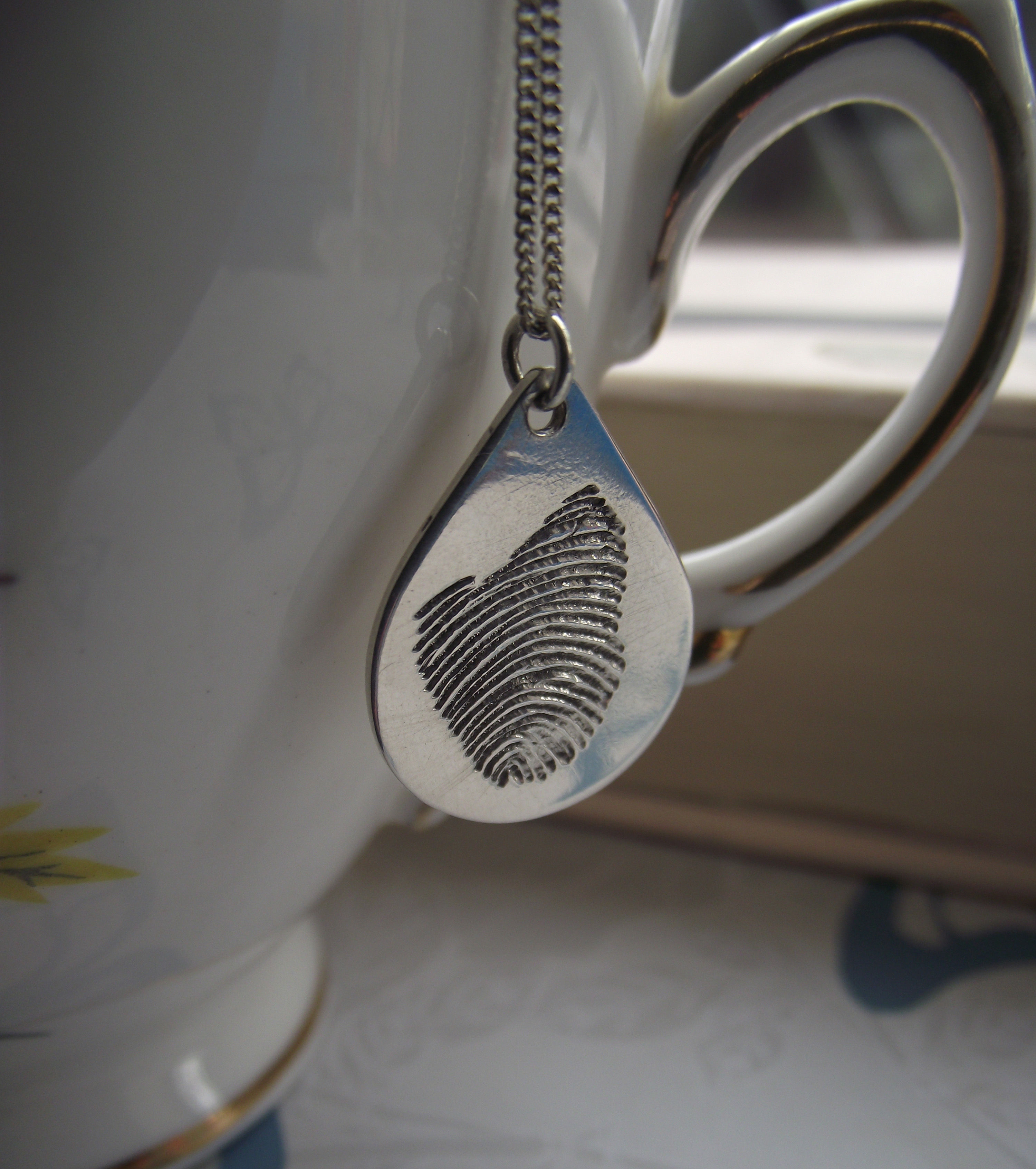 Silver Real Fingerprint Teardrop Pendant