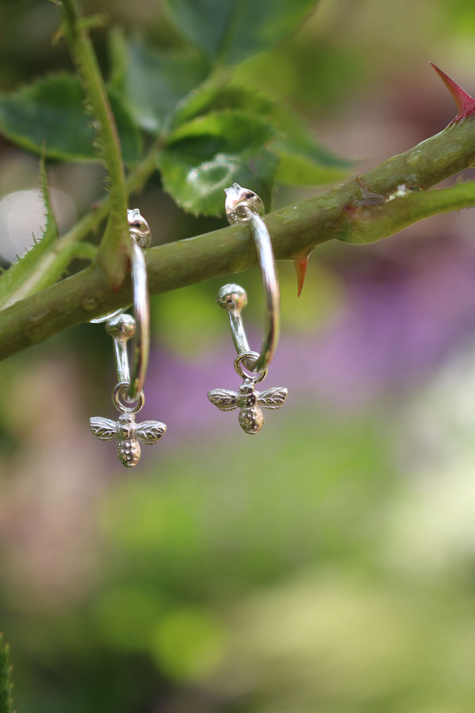 Thumbnail: Silver Bee Hoop Earrings