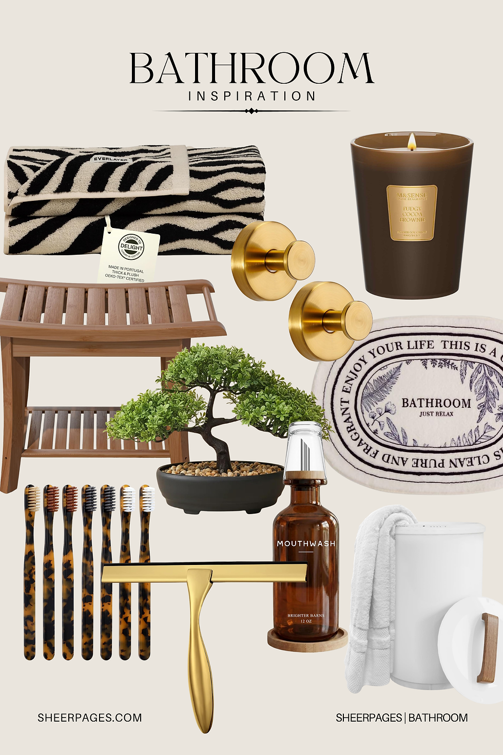 A curation of decor items for a luxury bathroom makeover
