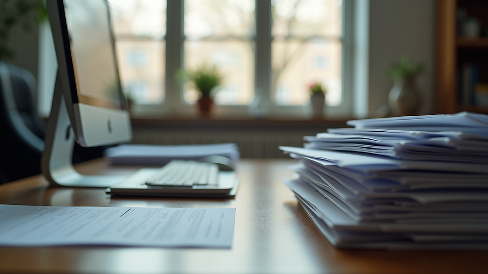 Eye-level view of a church office desk with organized files and a computer