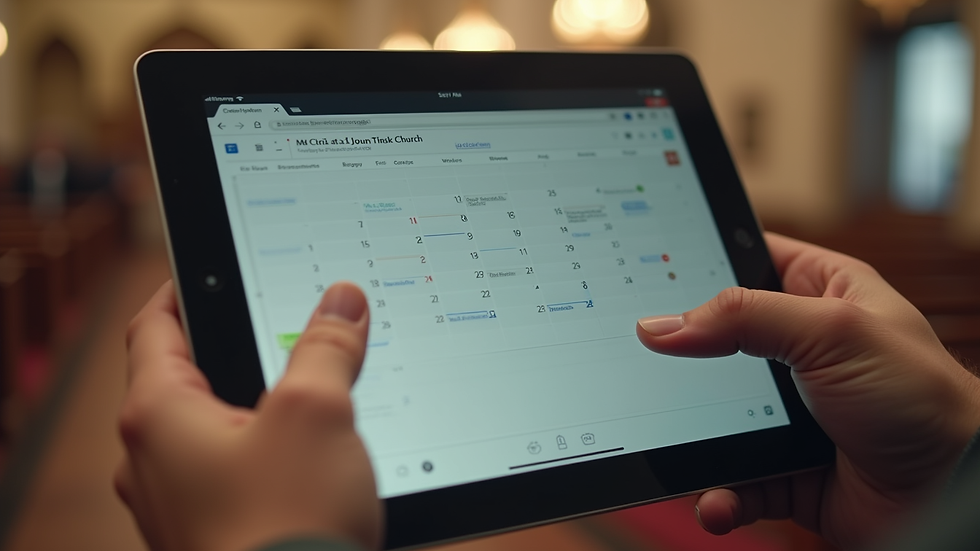 Close-up view of a tablet showing church event calendar