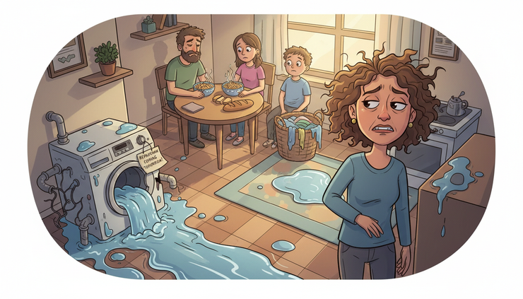 Overhead view of a family sharing a quiet meal after cleaning a wet kitchen.