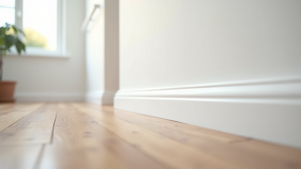 Eye-level view of a room with newly installed white baseboards along the floor