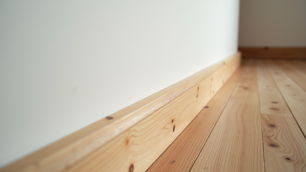 Close-up view of wooden baseboard being installed along a wall