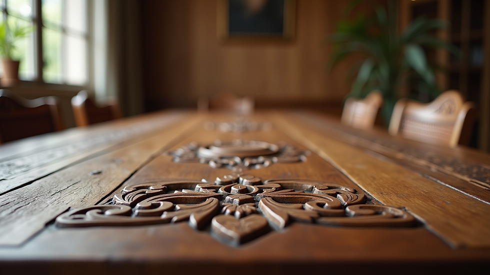 Eye-level view of a handcrafted wooden dining table with intricate carvings
