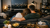 Romantischer Fernsehabend in einer aufgeräumten Wohnung