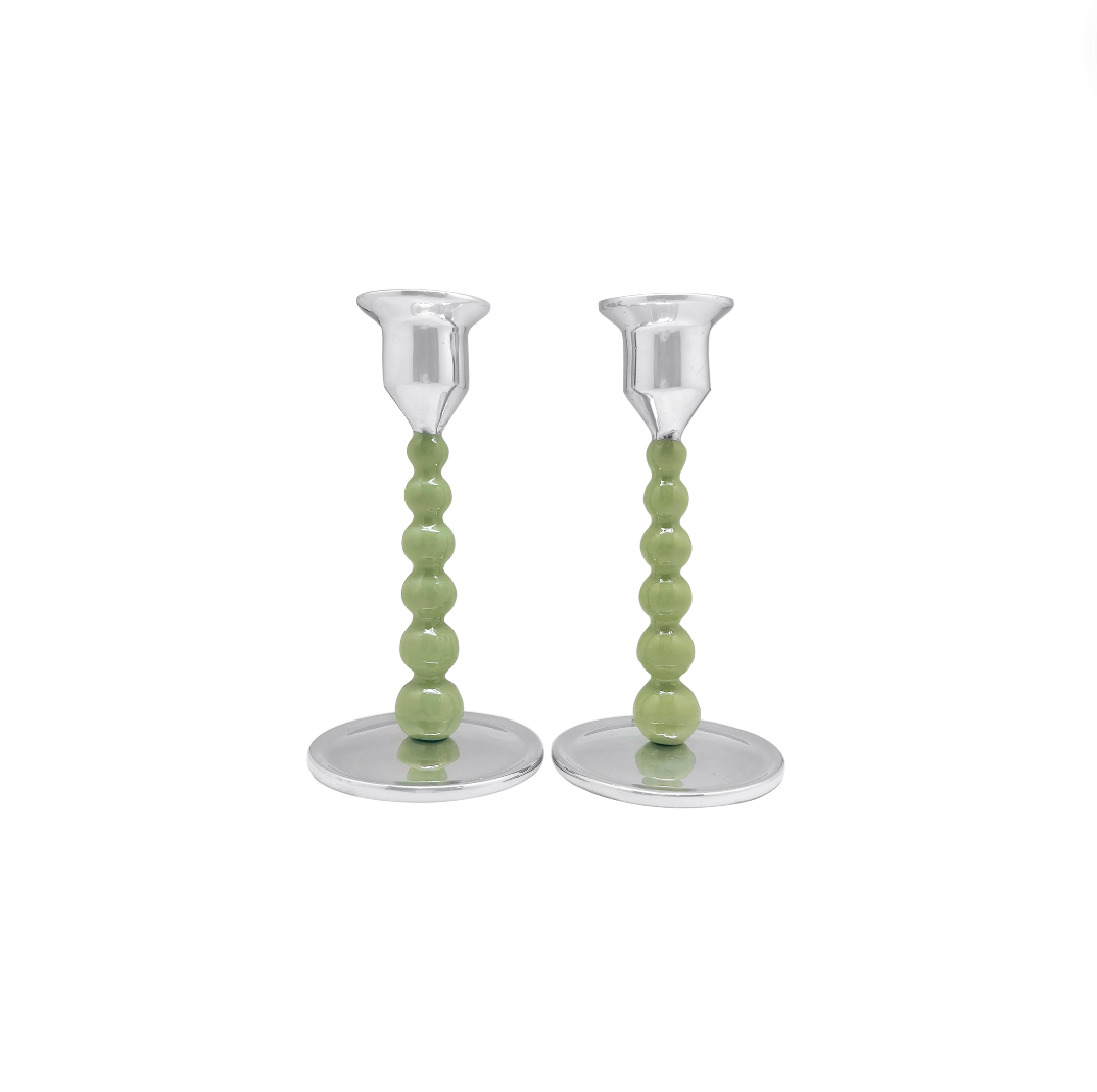 Pearled Green Small Candlestick Set