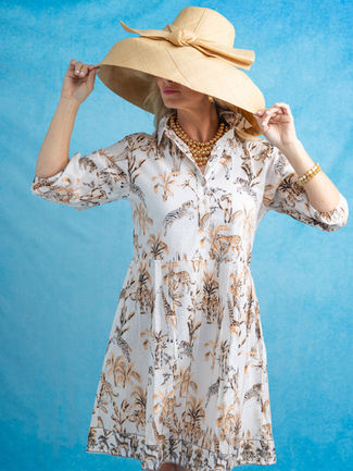 Frannie dress with jungle toile print on a white cotton fabric