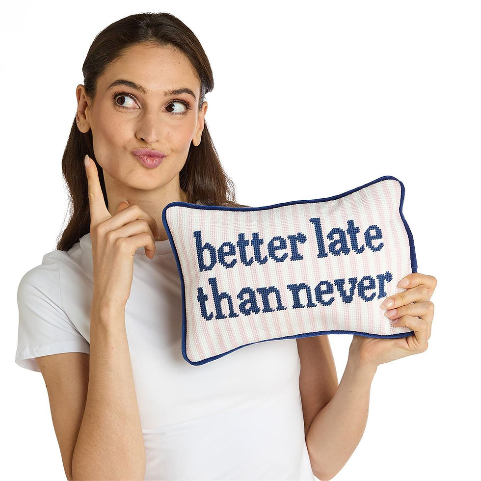 Thumbnail: Better Late Than Never 8X12 Needlepoint Pillow with Velvet Piping, PP filling an