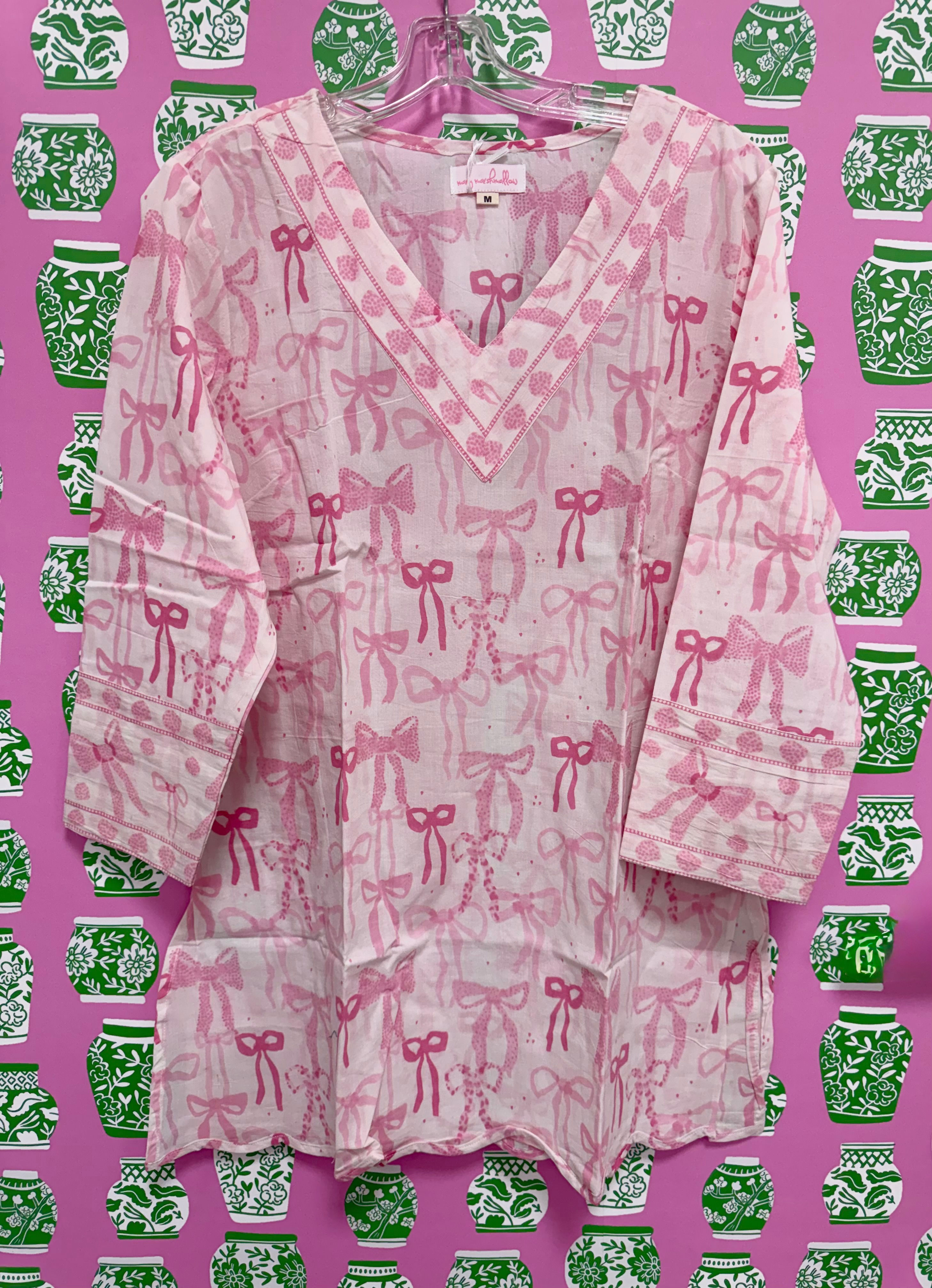 V Neck Scalloped Tunic | Bows | Pink