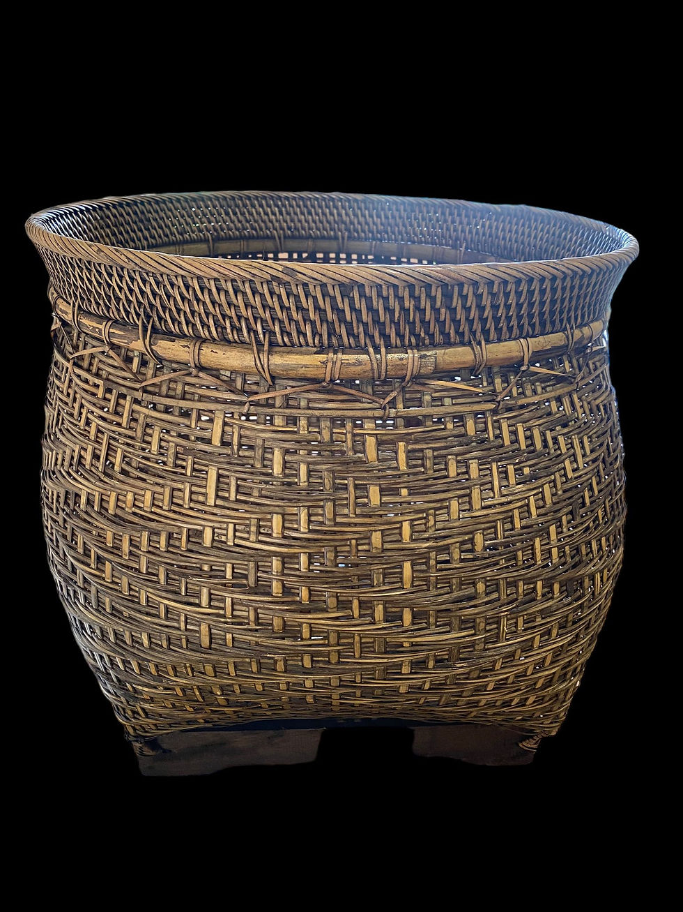 Thumbnail: BALINESE HAND WOVEN BAMBOO w/rattan trim open basket