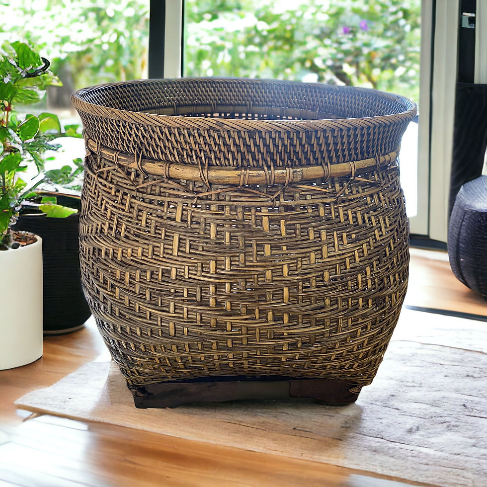 Thumbnail: BALINESE HAND WOVEN BAMBOO w/rattan trim open basket