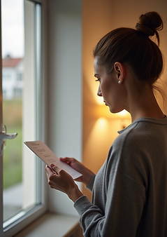 Eine Person schaut nachdenklich auf ihre Stromrechnung in einer hellen, modernen Wohnung i