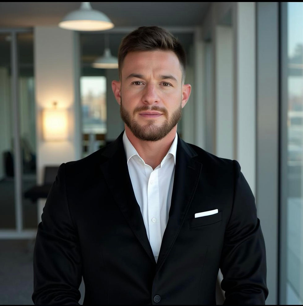 Brian White in a modern office environment, dressed in a sleek black suit with a white shirt. The setting showcases large win