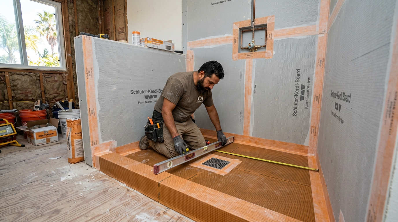 Walk-In Shower Installation — Continuous Waterproofing System
