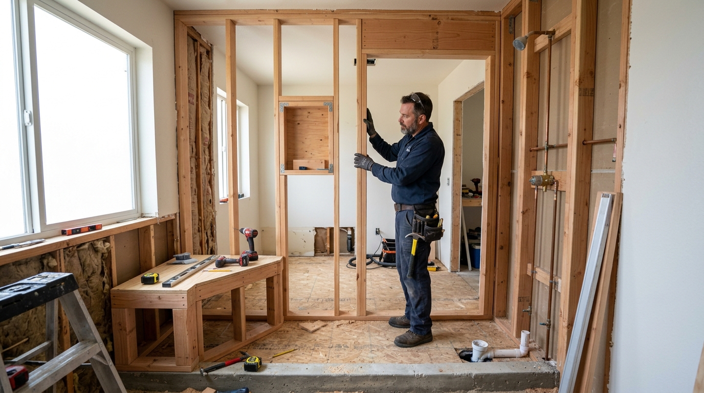 Walk-In Shower Installation — Demo-Stage Framing Correction