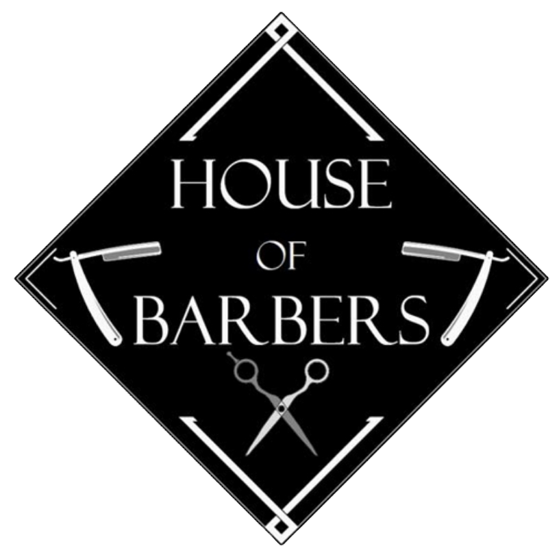 House of Barbers' elegant logo with razor, scissors, and comb elements symbolizing expert grooming
