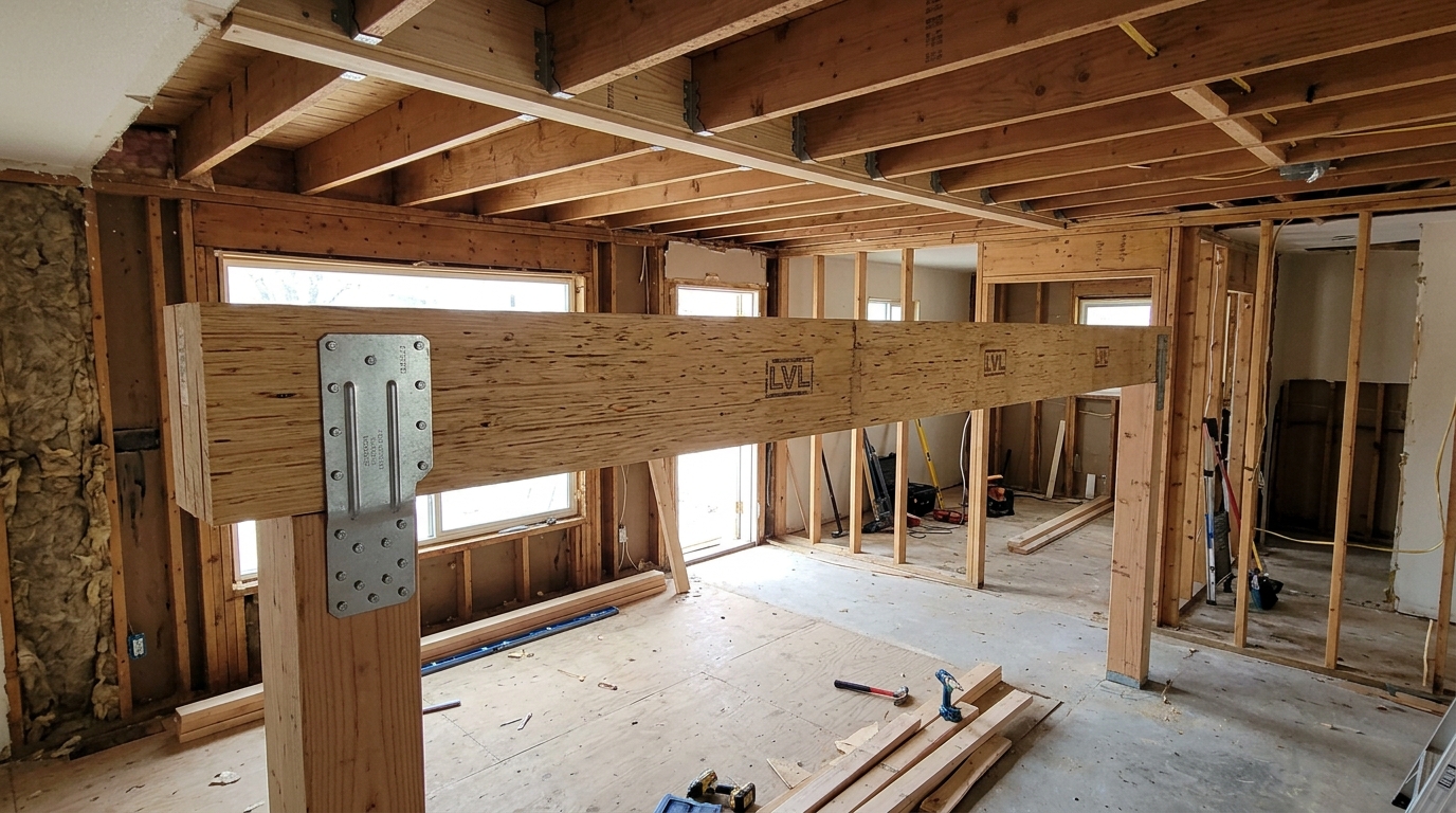 Support Beam Installation — Engineered Lumber and Secure Hardware