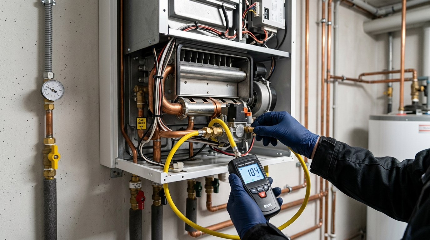 Rinnai Boiler Maintenance — Combustion and Gas Pressure Check