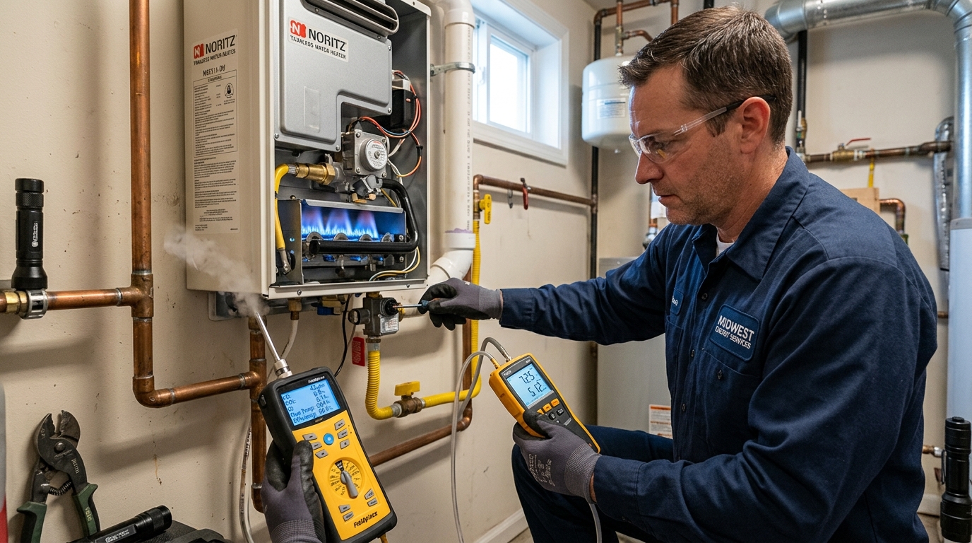 Noritz Tankless Water Heater Maintenance — Combustion and Gas Pressure Check