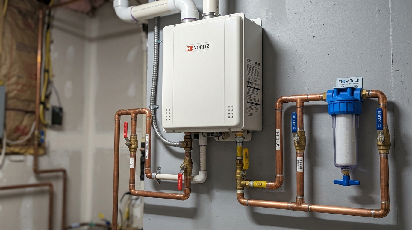 Noritz Tankless Water Heater Installation — Serviceable and Protected System