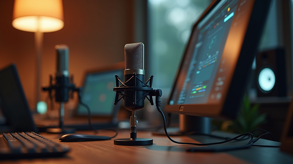Eye-level view of a podcast studio with microphones and sound equipment