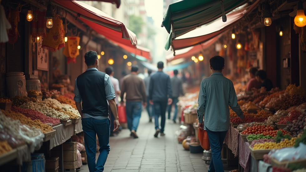 Eye-level view of a bustling marketplace with various vendors