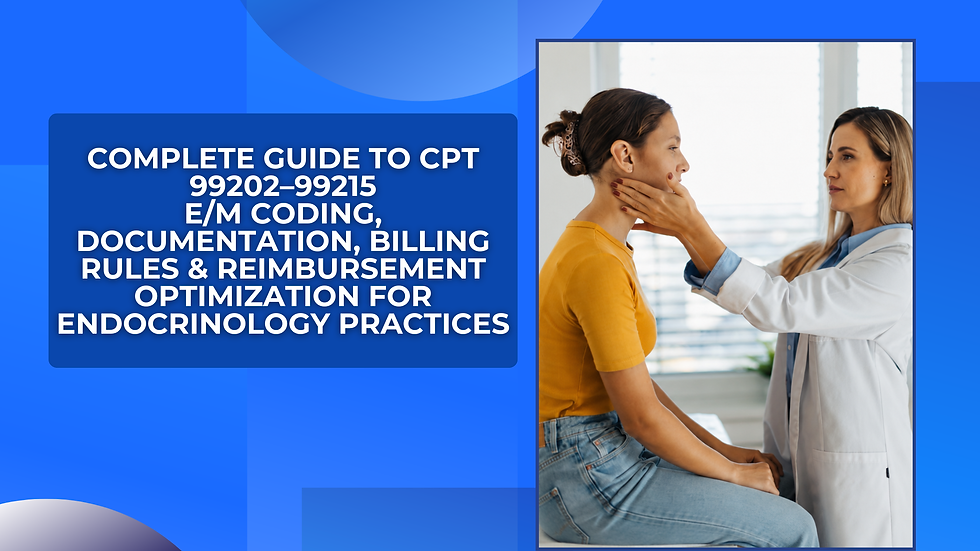 Doctor examines patient's neck in a clinic. Blue background with text: Complete Guide to CPT 99202-99215 E/M Coding, etc.