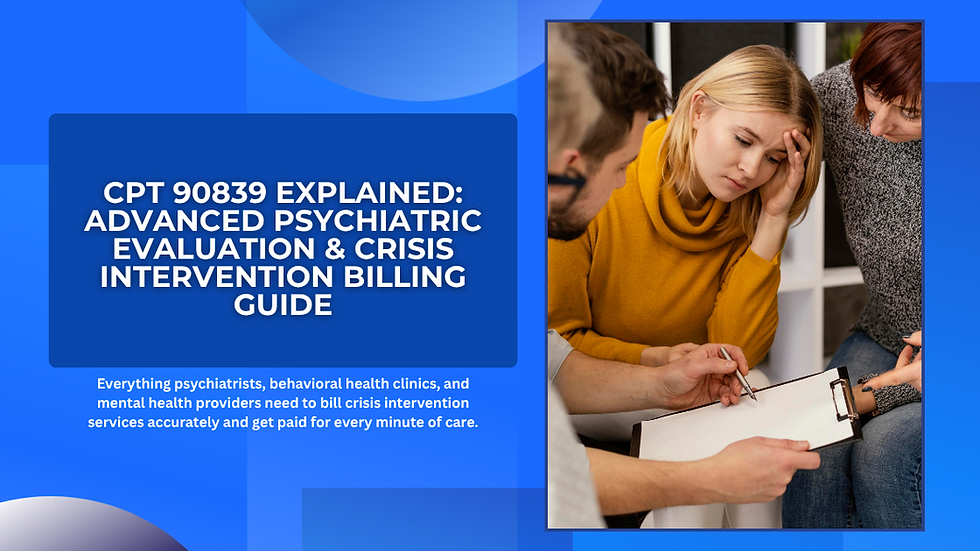 Blue background with text about CPT 90839 billing guide. Three people in discussion on the right, one looking stressed, holding clipboard.