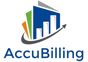 Chart logo with colorful bars rising and an upward arrow, representing growth. Text reads "AccuBilling" below. Blue, green, orange.
