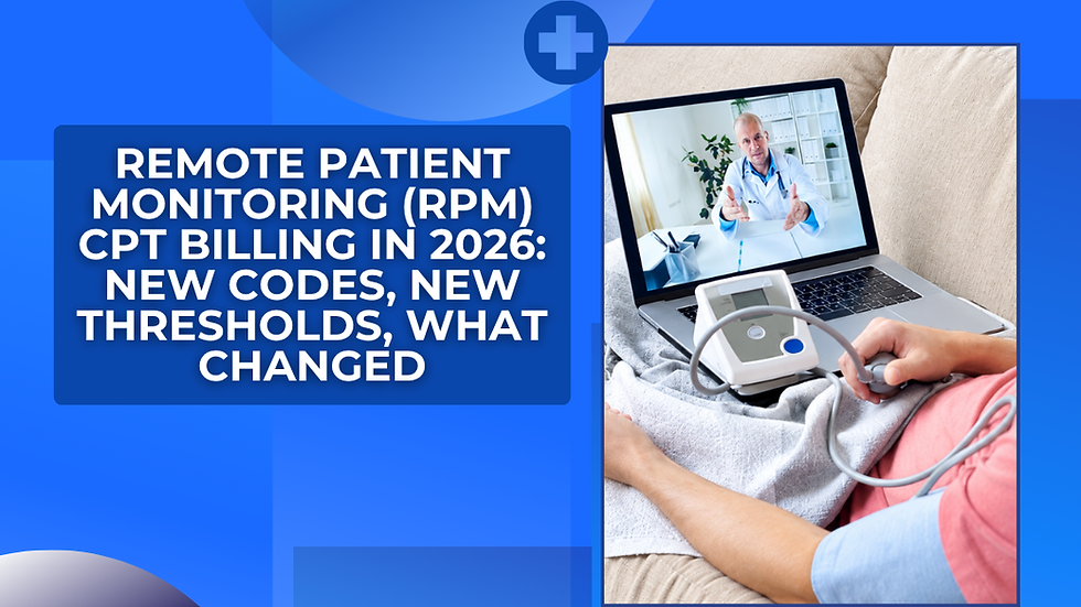 Remote patient monitoring graphic with doctor on a laptop video call and patient using a blood pressure cuff; RPM billing text.