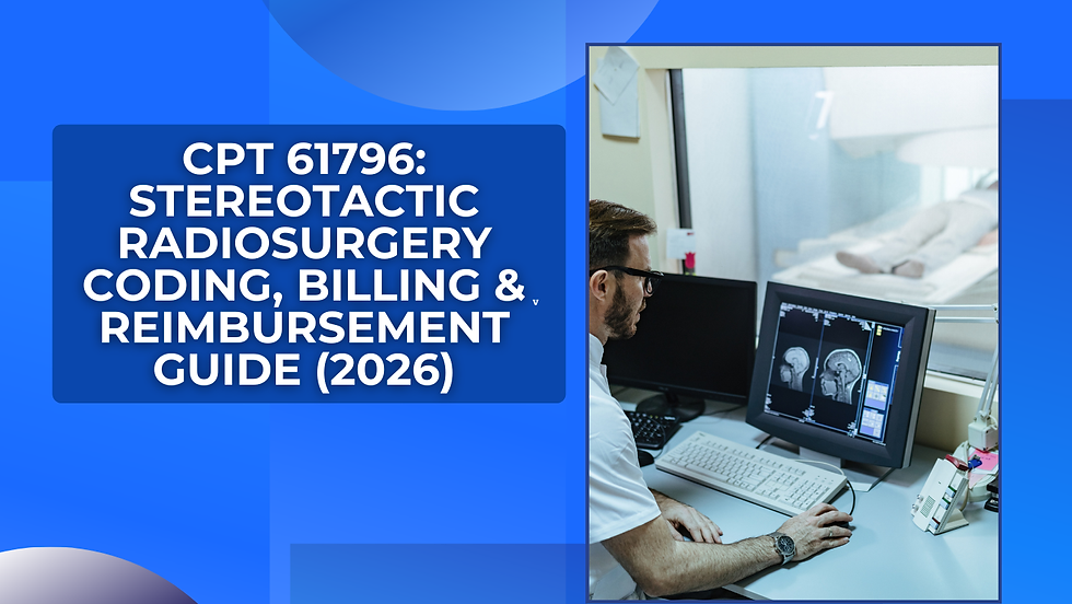 Blue cover with text CPT 61796: Stereotactic Radiosurgery Coding, Billing & Reimbursement Guide (2026) beside doctor reviewing brain scans