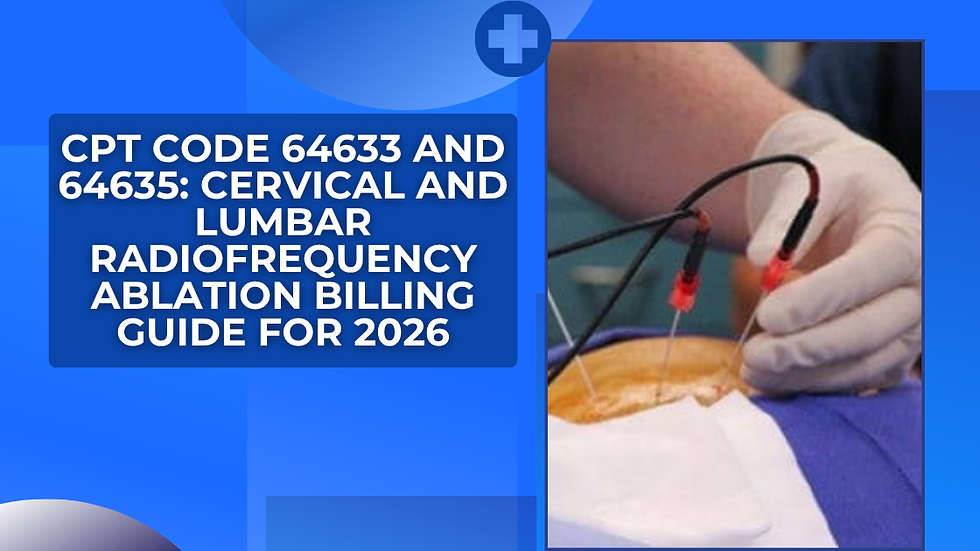 Blue medical promo with gloved hands using probes on a patient; text reads CPT Code 64633 and 64635 billing guide for 2026