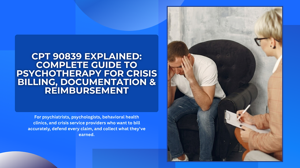 Two individuals in therapy; one sits distressed, the other taking notes. Text reads: "CPT 90839 Explained: Guide to Psychotherapy Billing."