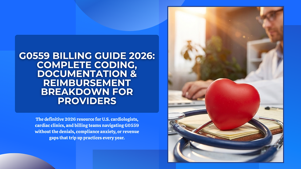 Blue poster with "G0559 Billing Guide 2026" text on left. Right shows a doctor at a desk with a red heart object and stethoscope.