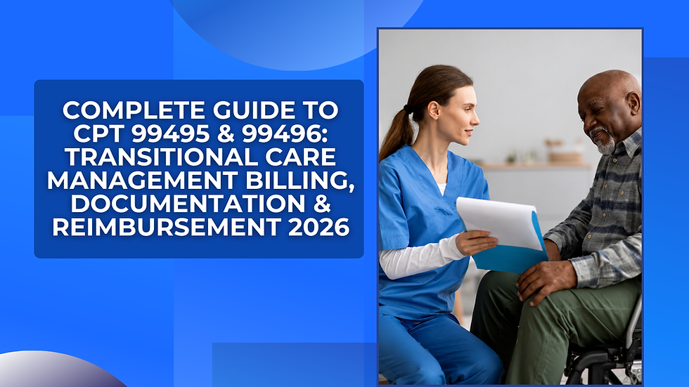 Nurse in blue scrubs reviews papers with an older man in a wheelchair beside title text on CPT 99495/99496 transitional care billing