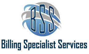 Stylized "BSS" logo with blue and gray wave design. Text below reads "Billing Specialist Services." Professional and modern look.